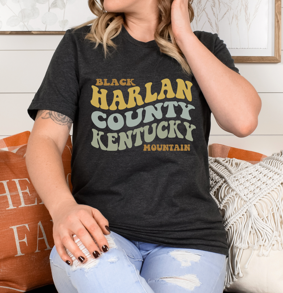 Short Sleeve T shirt - Harlan Co Kentucky wave design dark heather
